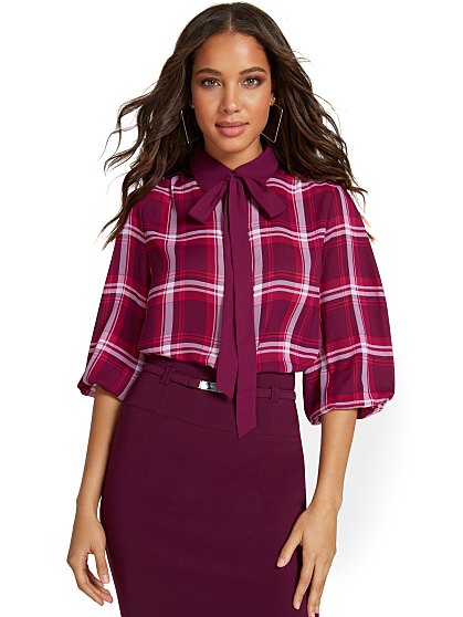 54.95 T PLAID BOW BLOUSE