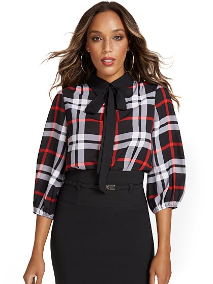 54.95 T PLAID BOW BLOUSE